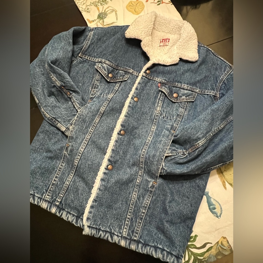 Levi’s MENS MEDIUM blue denim jacket wool/sherpa lining Made 🇺🇸 warm jean button - Picture 2 of 13